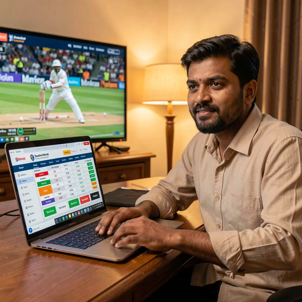 KASH777 – Place smart live sports bets with real time odds in Bangladesh Focused Bangladeshi sports bettor analyzing live cricket odds on a laptop through KASH777 while watching a match on TV in a cozy home setting