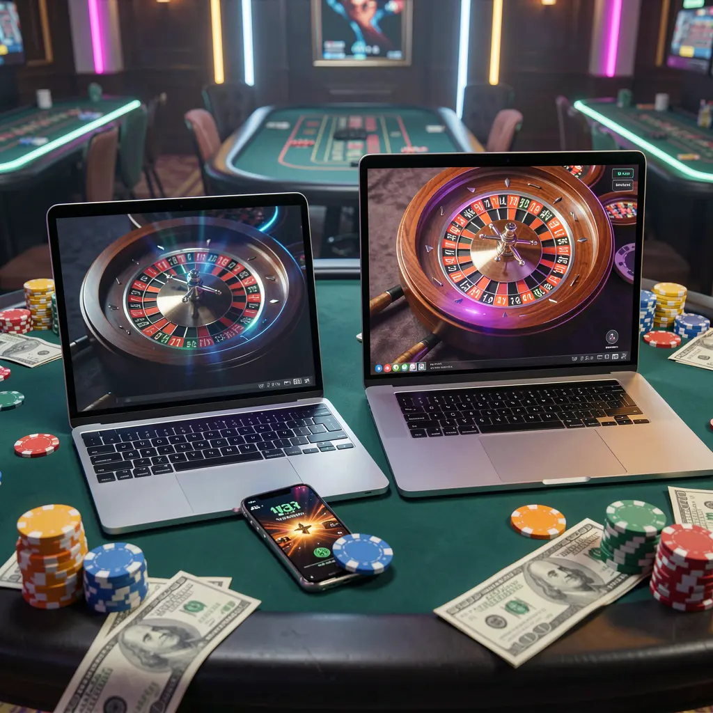 Modern laptop and smartphone displaying a glowing roulette wheel with scattered casino chips representing fast and accessible online gaming on KASH777
