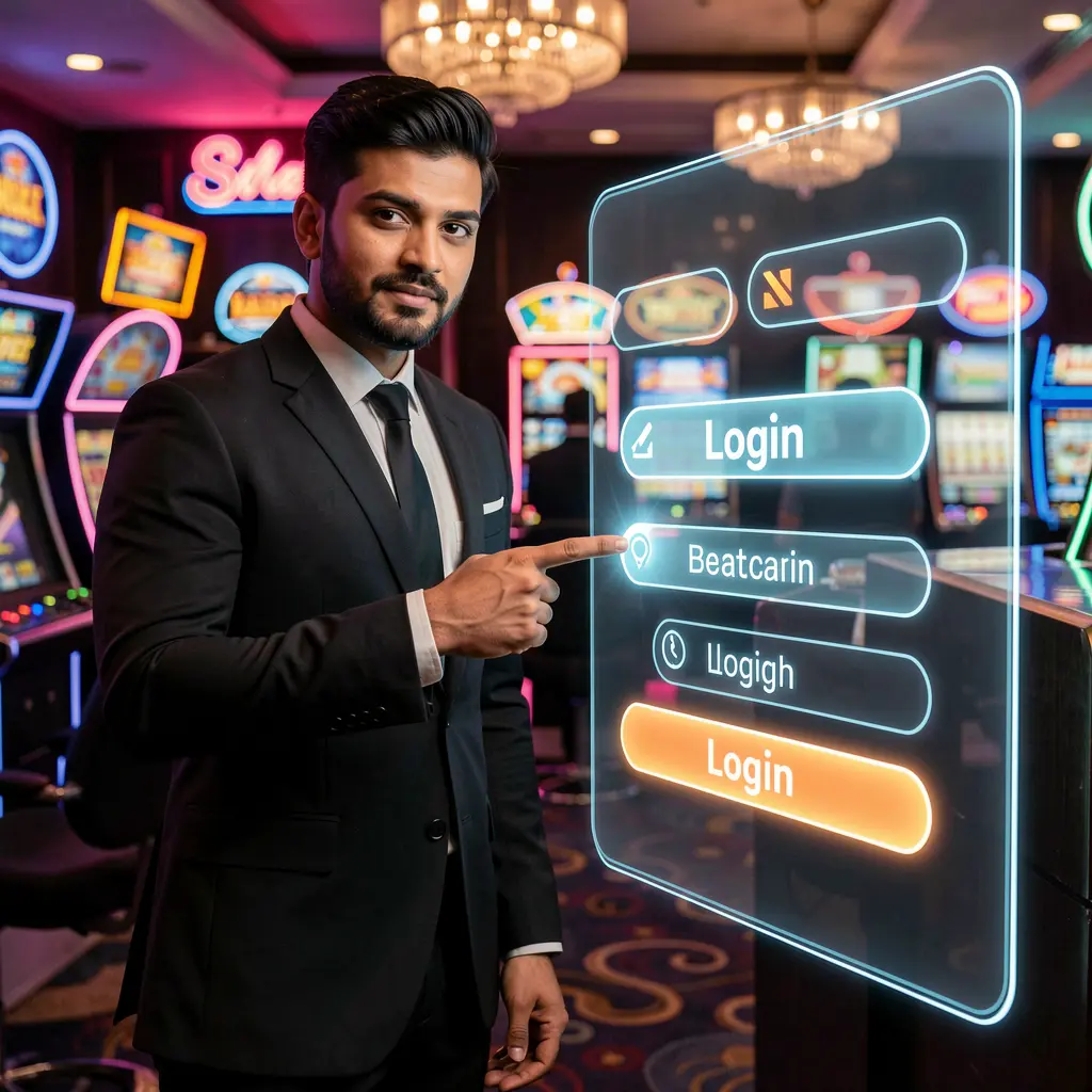 Confident Bangladeshi casino host pointing at a glowing digital login screen inside the modern KASH777 casino platform